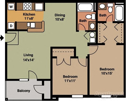 Floor plan for 2 beds, 2 baths, 850 sqft